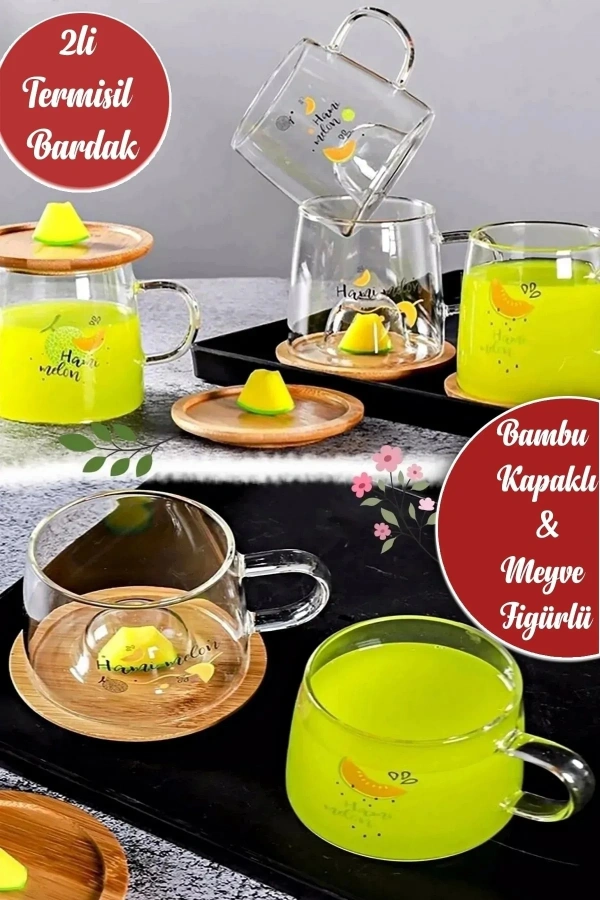 3d Limon Figürlü Baskılı Sıcak Soğuk Borosilikat Cam Meşrubat Kupası Su Çay Bardağı Bambu Kapaklı