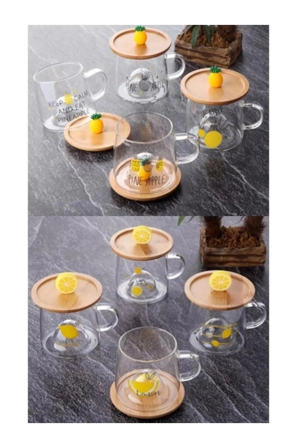 3d Limon Figürlü Baskılı Sıcak Soğuk Borosilikat Cam Meşrubat Kupası Su Çay Bardağı Bambu Kapaklı