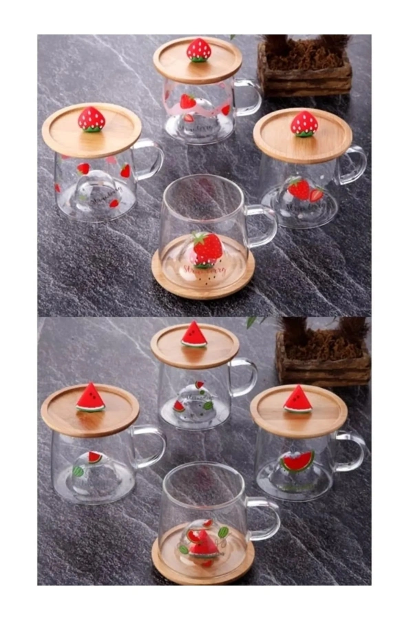 3d Karpuz Figürlü Baskılı Sıcak Soğuk Borosilikat Cam Meşrubat Kupası Su Çay Bardağı Bambu Kapaklı