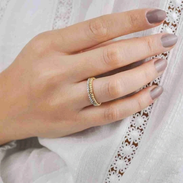 14 Ayar Altın Çift Sıra Renkli Dorika Yüzük