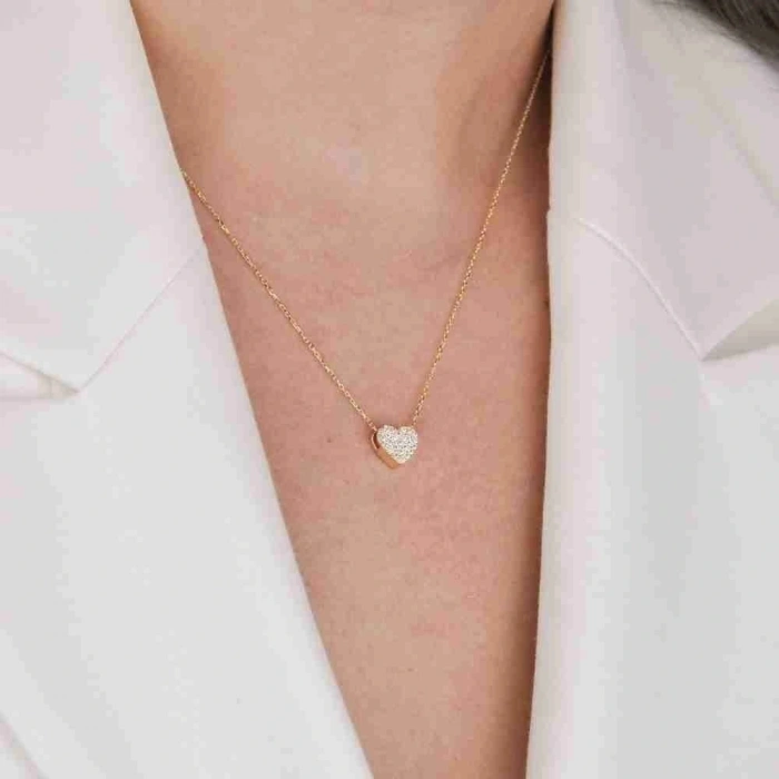 14 Ayar Altın Taşlı Kalp Kolye