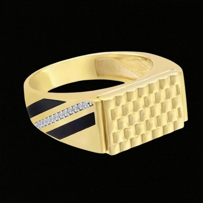 14 Ayar Altın Taşlı Yan Şerit Erkek Yüzüğü