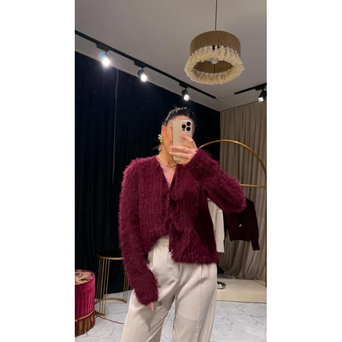 Bağlama Detaylı Bordo Hırka