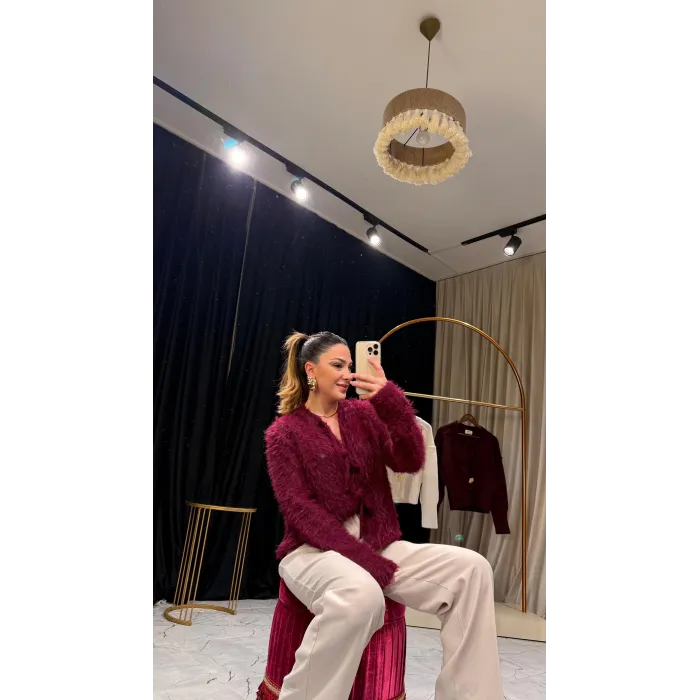 Bağlama Detaylı Bordo Hırka