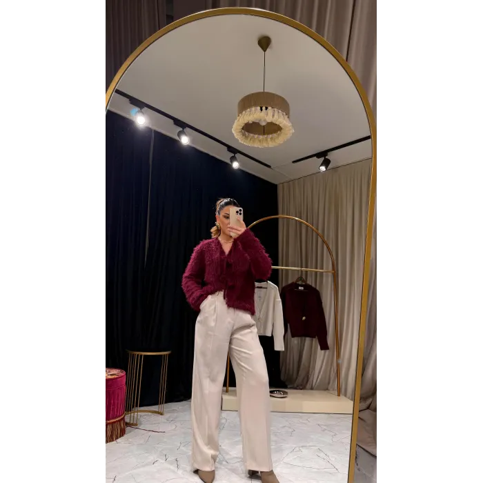 Bağlama Detaylı Bordo Hırka