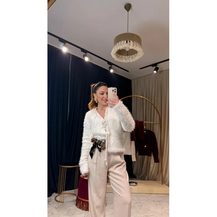 Bağlama Detaylı Ekru Hırka