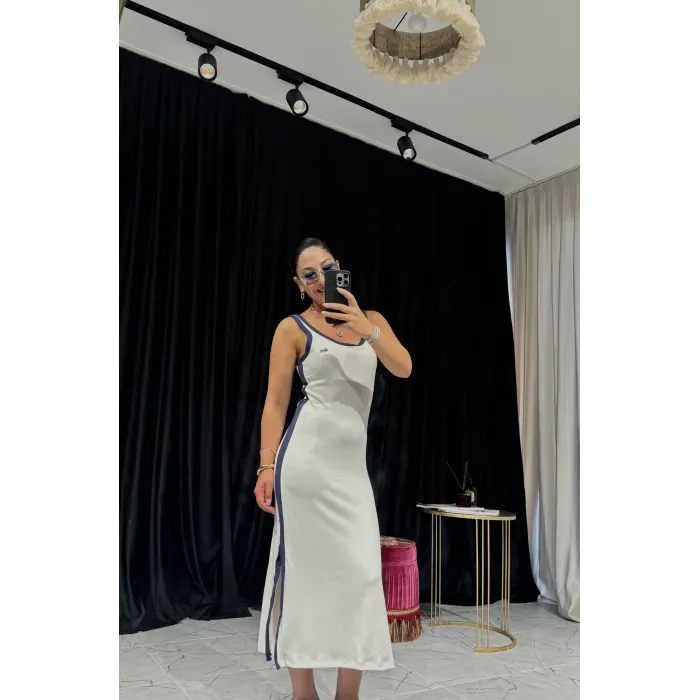 Beyaz Askılı Çizgi Detaylı Elbise