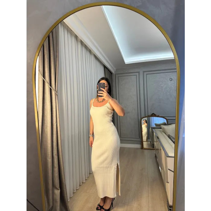 Ekru Askılı Elbise