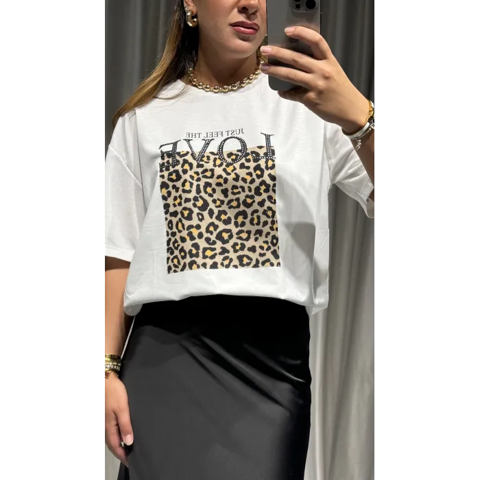 Beyaz Leopar Desen Tişört