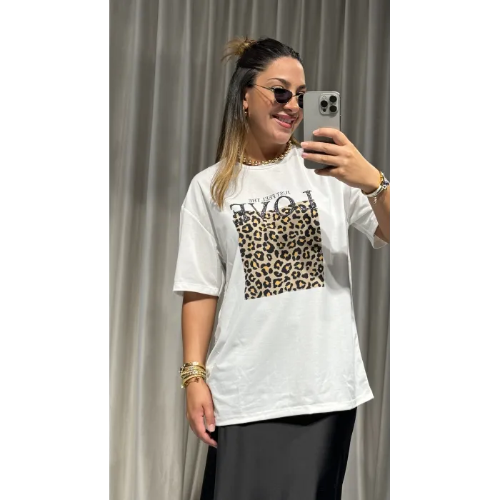 Beyaz Leopar Desen Tişört
