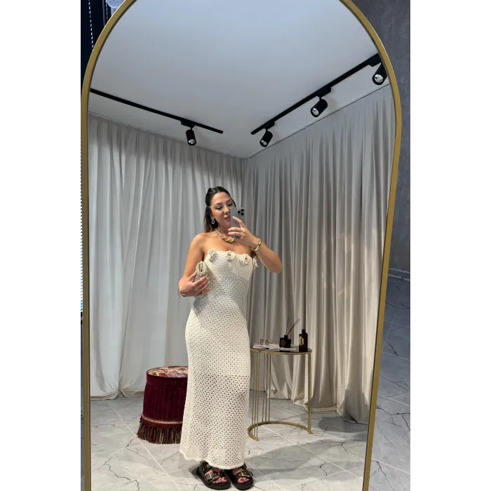 Çiçekli Uzun Ekru Elbise