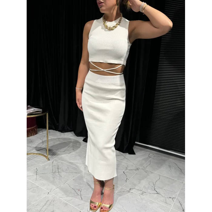 İp Detaylı Açık Krem Triko Takım