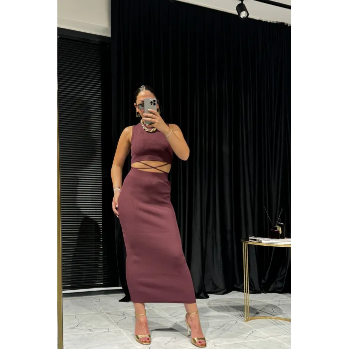 İp Detaylı Bordo Triko Takım