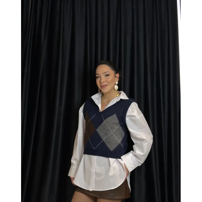 Lacivert Baklava Desen Süveter