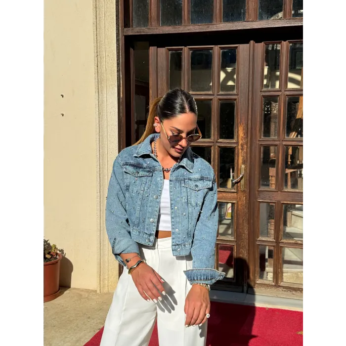 Parlak Taşlı Jean Ceket