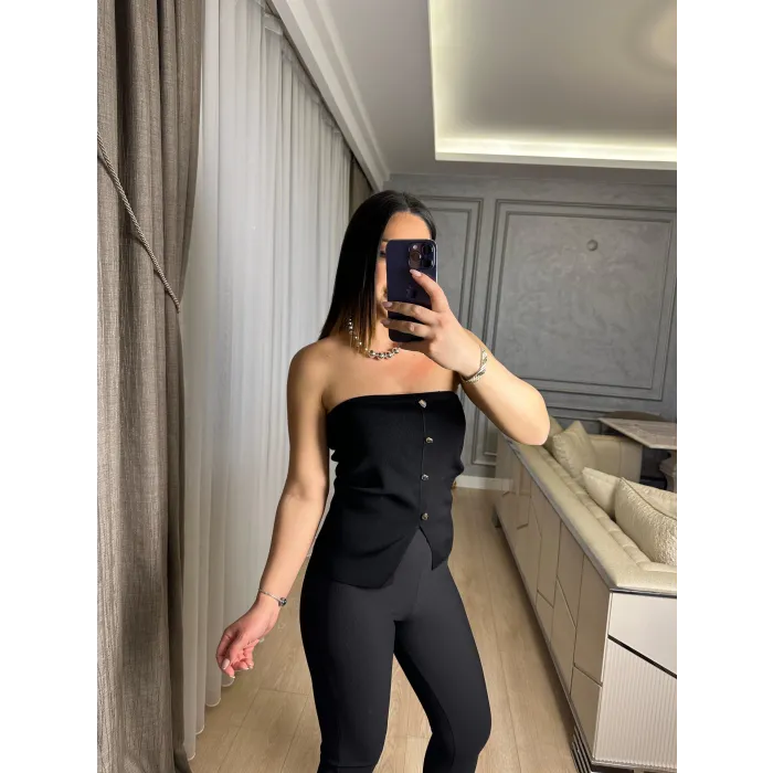 Straplez Düğmeli Triko Top Bluz