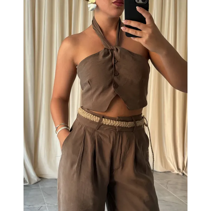 Trend Halter Yaka Bağlamalı Crop Bluz