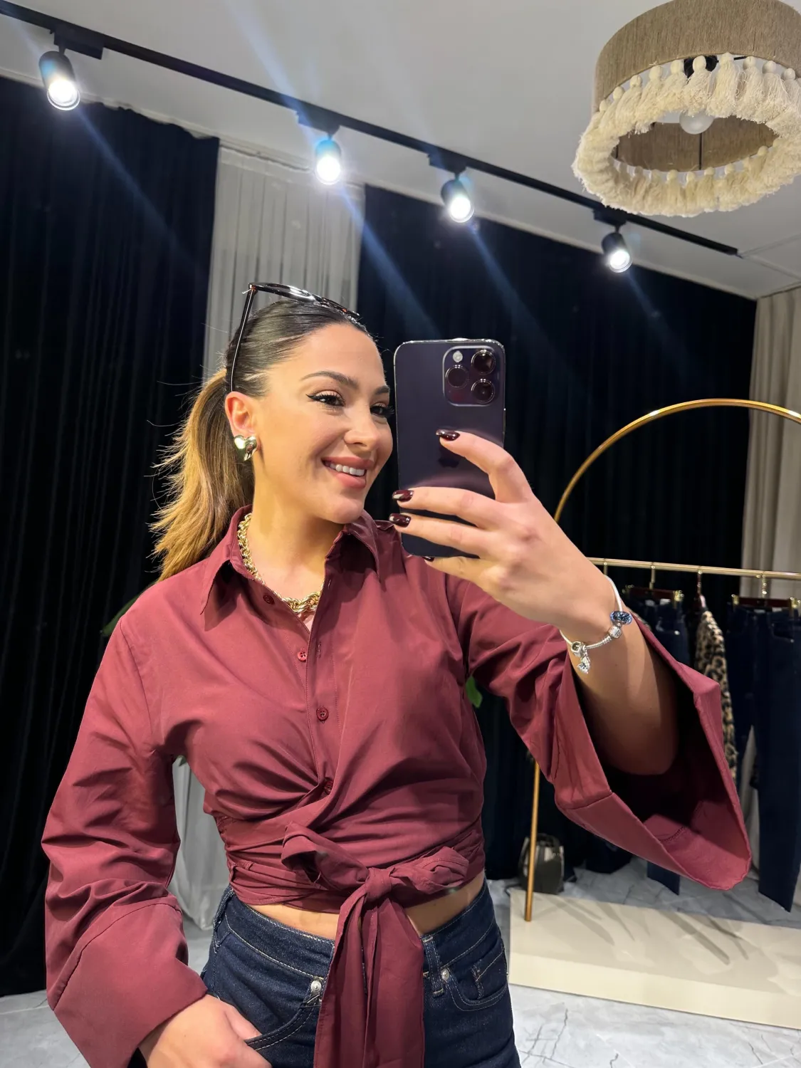 Bağlama Detaylı Bordo Gömlek