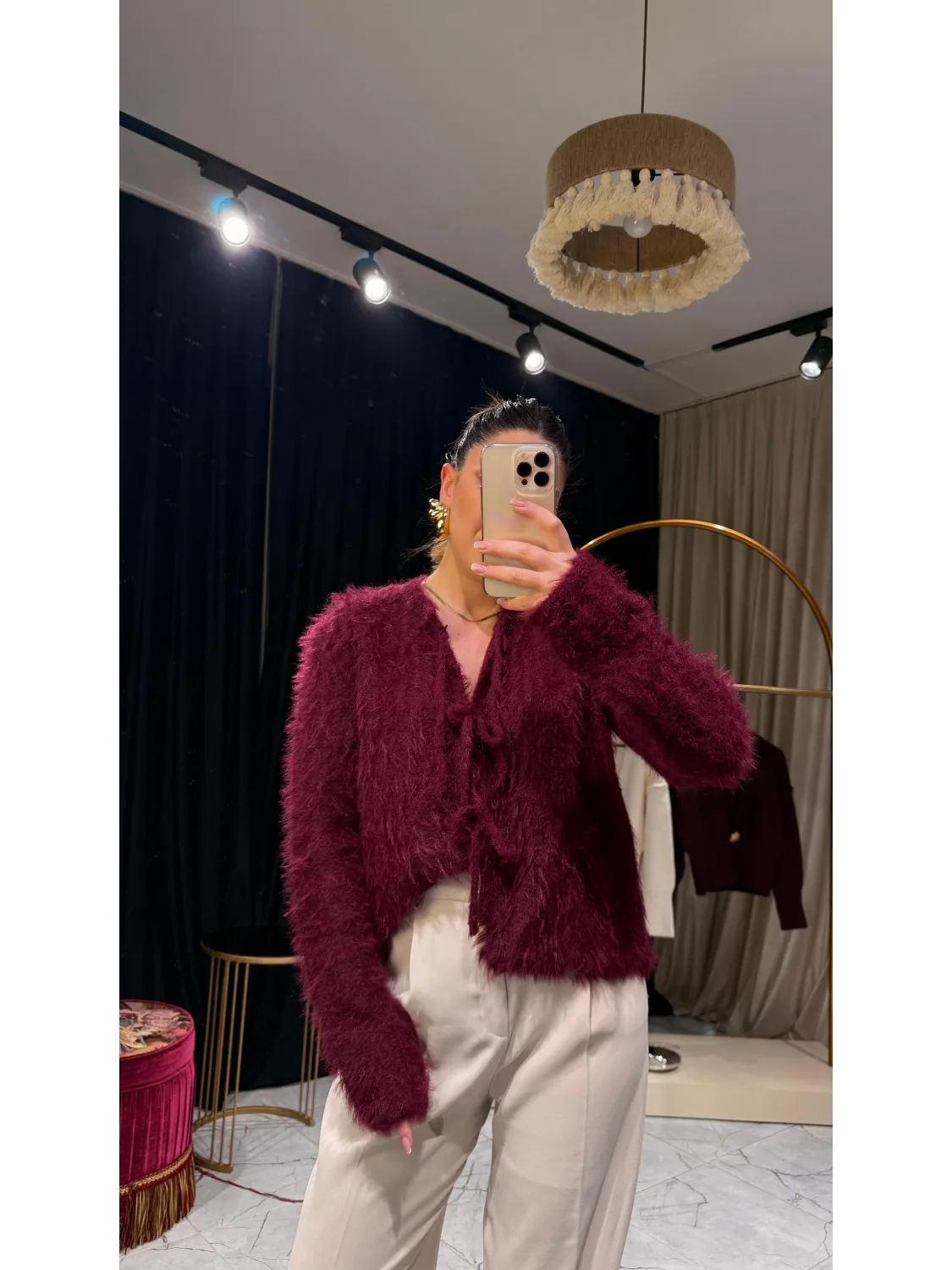 Bağlama Detaylı Bordo Hırka