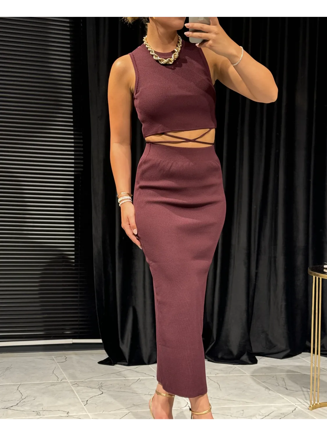 İp Detaylı Bordo Triko Takım