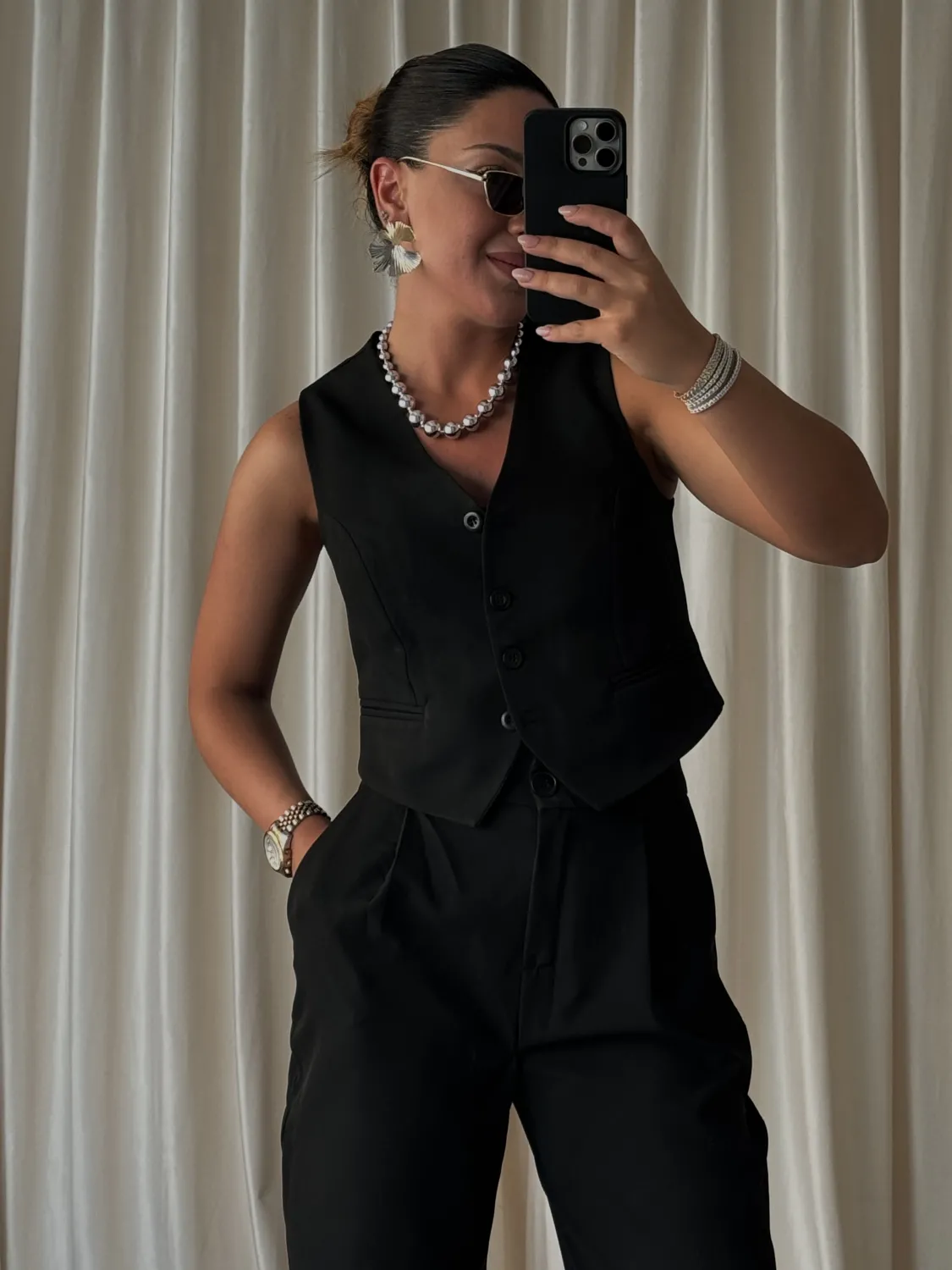 Kadın Siyah Yelek Pantolon Takım