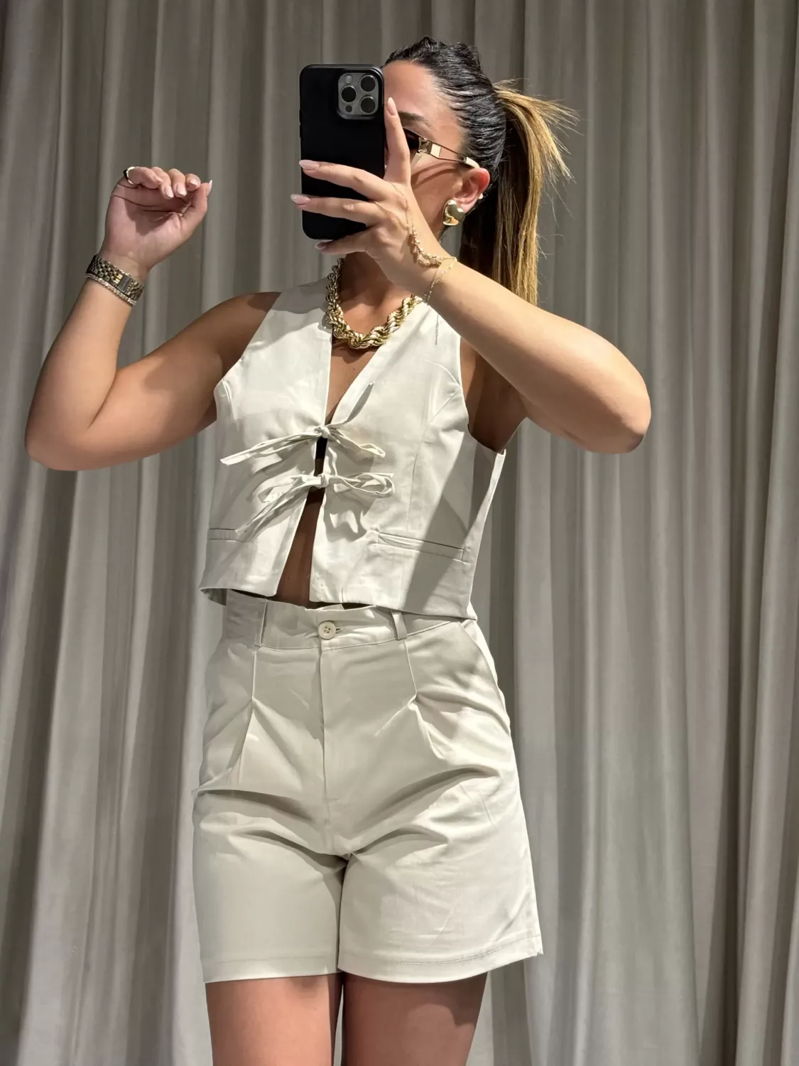 Krem Renk Şort Bluz Takım