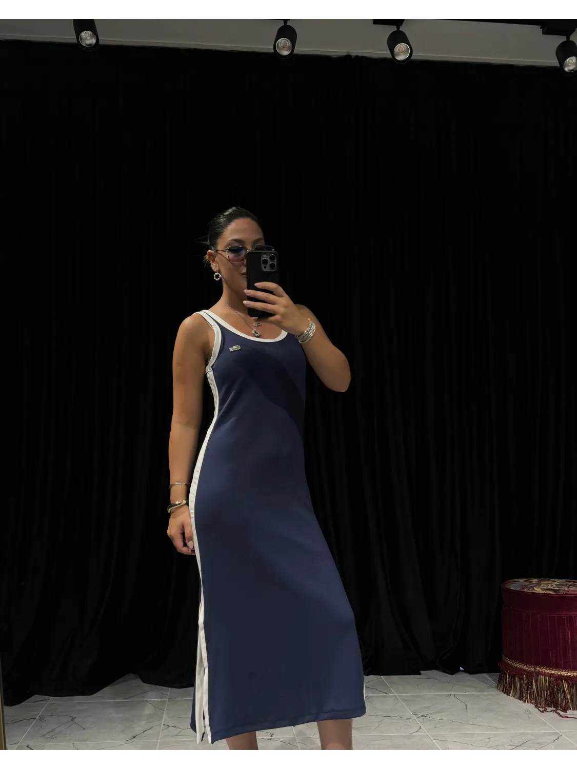 Lacivert Askılı Çizgi Detaylı Elbise