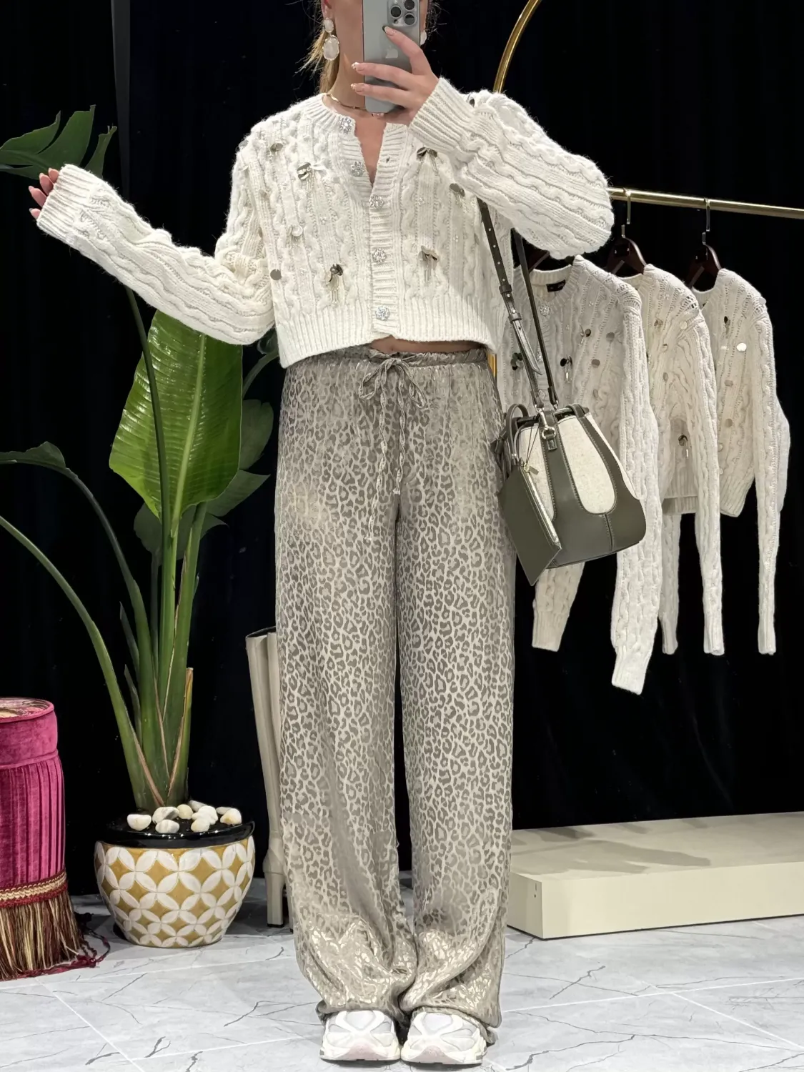 Leopar Desenli Saten Pantolon