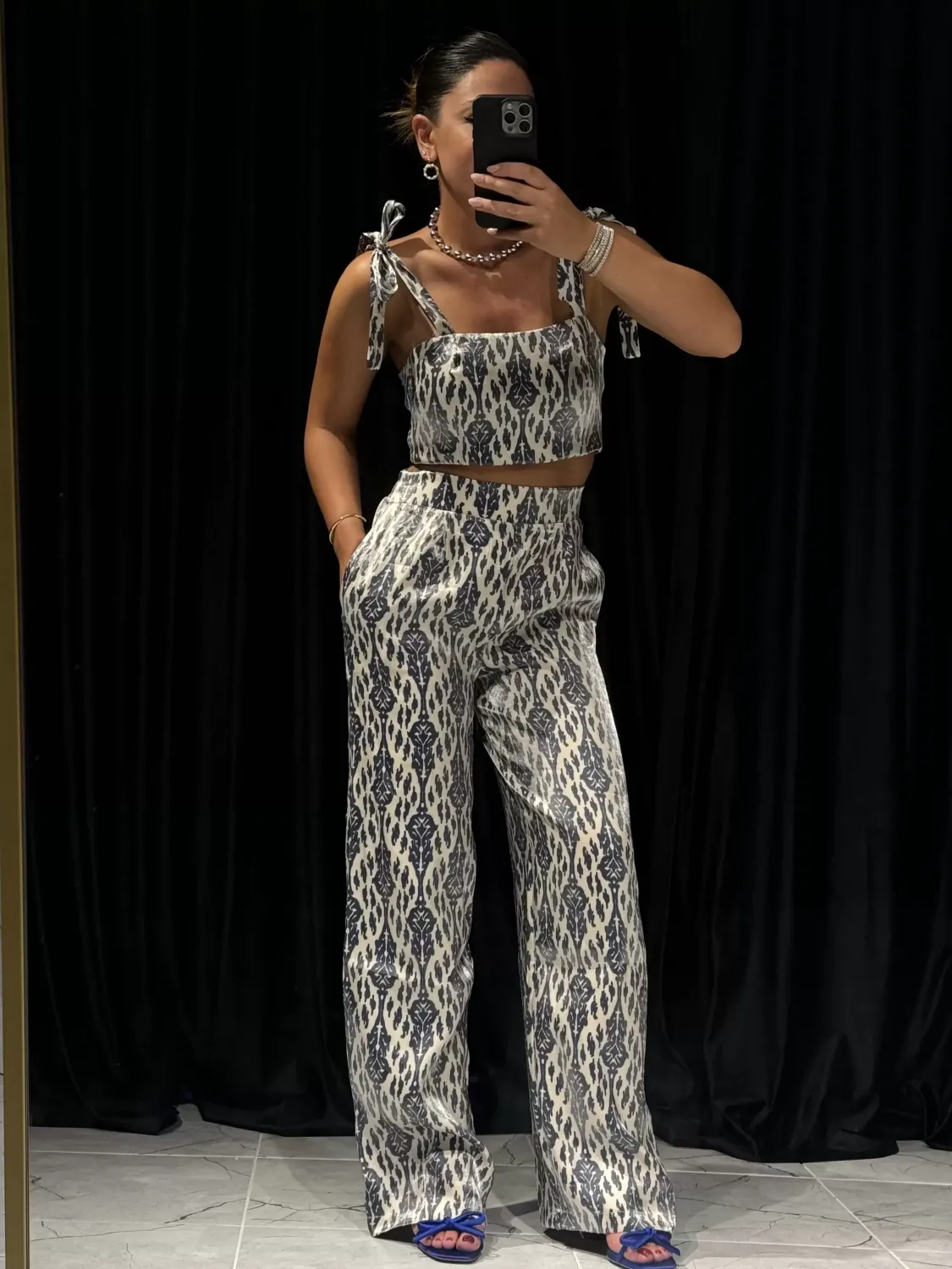 Parıltılı Crop Pantolon Takım