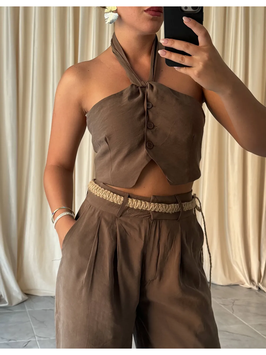 Trend Halter Yaka Bağlamalı Crop Bluz