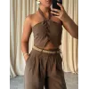 Trend Halter Yaka Bağlamalı Crop Bluz