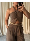 Trend Halter Yaka Bağlamalı Crop Bluz