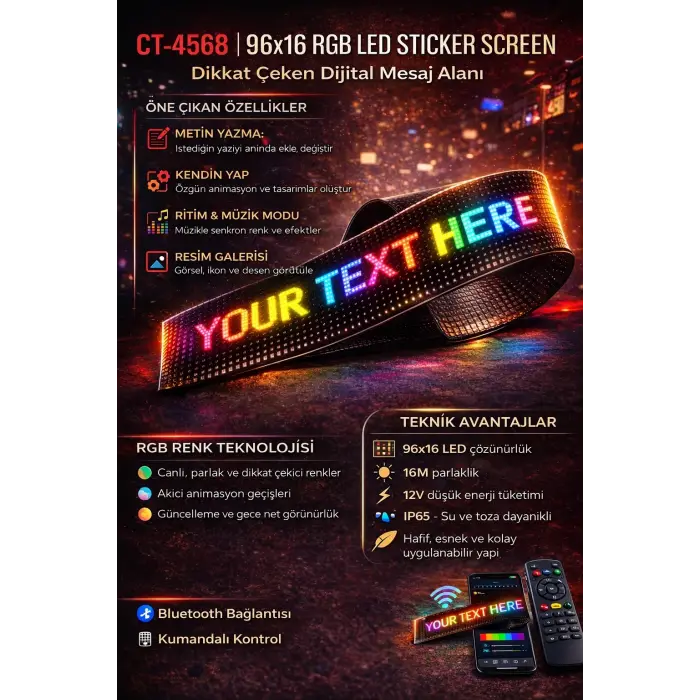 1 Adet CATA CT 4568 Esnek Yapışkanl Matrix Led Panel 60X12 RGB