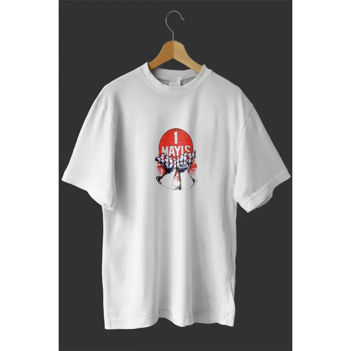 1 Mayıs Emek ve Dayanışma Günü Baskılı Oversize Bisiklet Yaka T-shirt - Beyaz
