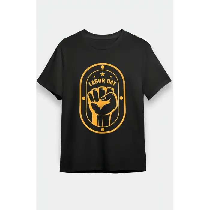 1 Mayıs Labor Day Emekçi Temalı Baskılı Oversize Bisiklet Yaka T-shirt - Siyah