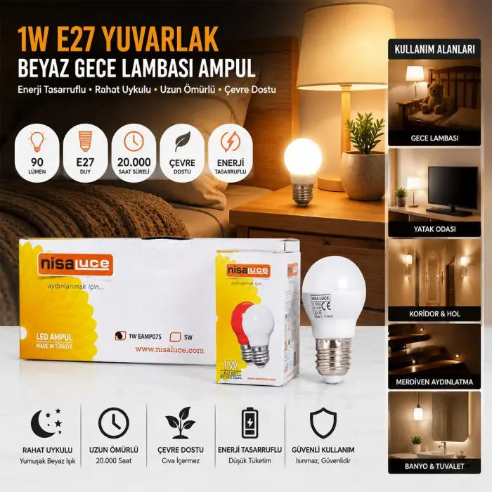 10 Adet 1w E27 Beyaz Yuvarlak Gece Lambası Led Ampul Bx40