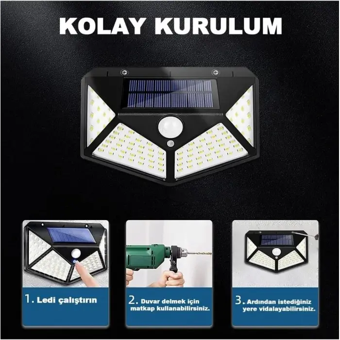100 Led Dış Mekan Solar Aydınlatma Fotoselli Solar Lamba Hareket Sensörlü
