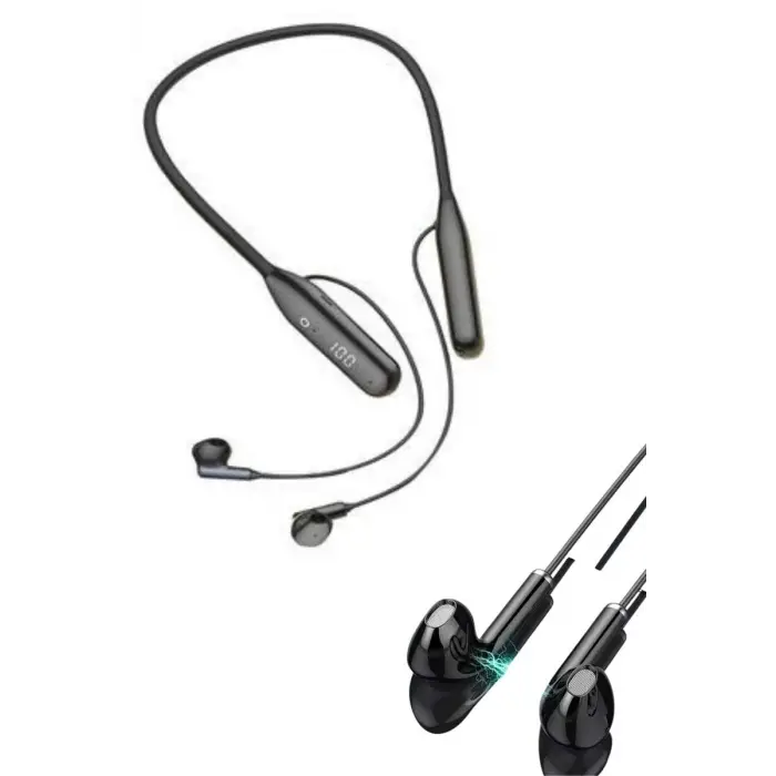 100 Saat Kablolu Boyun Askılı Dijital Göstergeli Bluetooth Kulaklığı