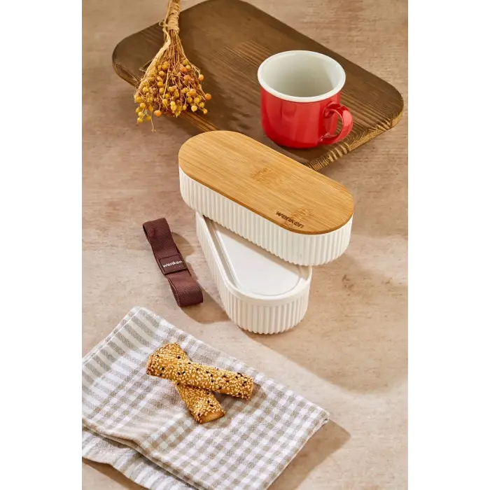1000ml Ahşap Kapaklı Lunch Box 2li Set Diyet Beslenme Kutusu Bambu Saklama Kabı