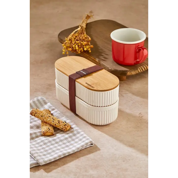 1000ml Ahşap Kapaklı Lunch Box 2li Set Diyet Beslenme Kutusu Bambu Saklama Kabı
