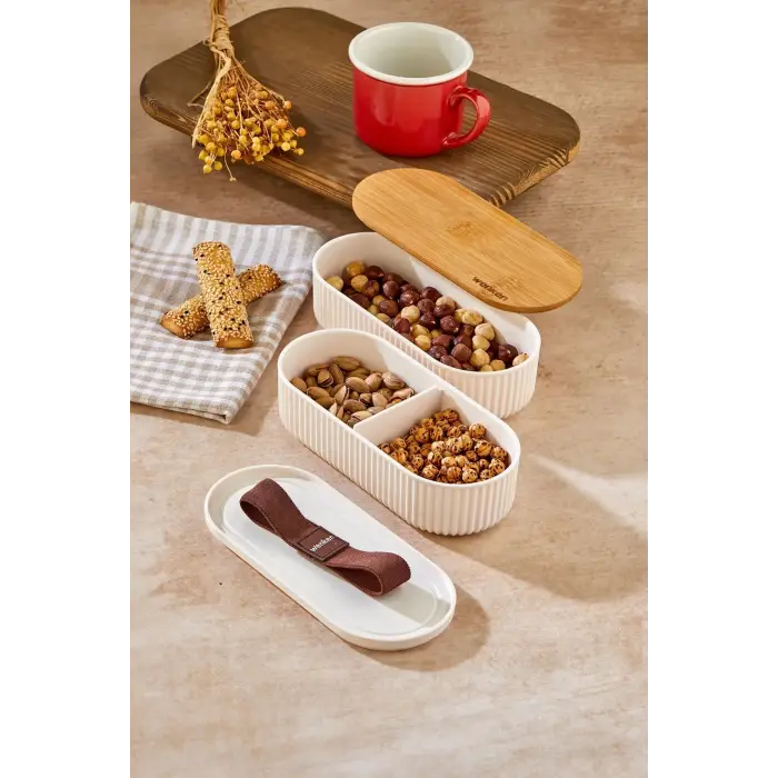 1000ml Ahşap Kapaklı Lunch Box 2li Set Diyet Beslenme Kutusu Bambu Saklama Kabı
