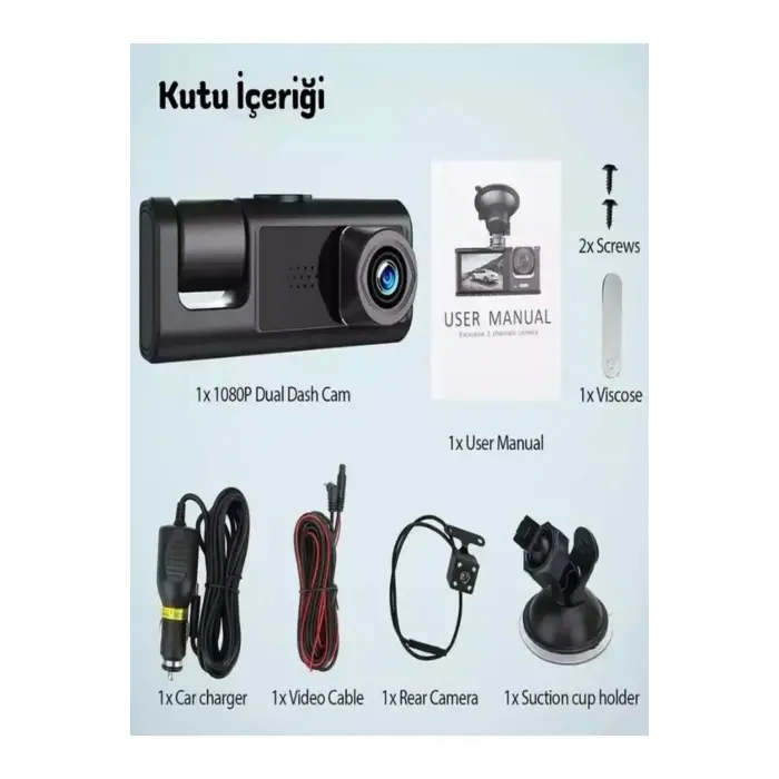 1080p 3 Kameralı Araç İçi Kamera IPS Ekranlı Ultra Geniş Açılı Gece Görüşlü G Sensörlü