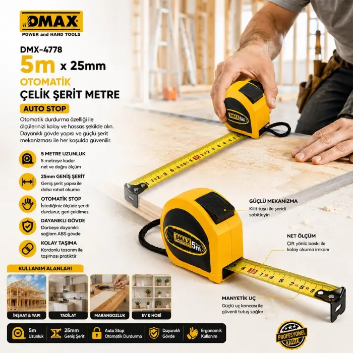 12 Adet 5mt X 25mm Otomatik Çelik Şerit Metre Stoplu Bx40