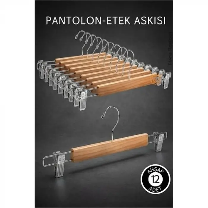 12 Adet Ahşap Pantolon Etek Askısı - Ayarlanabilir Gümüş Mandallı 36cm Organizer Set