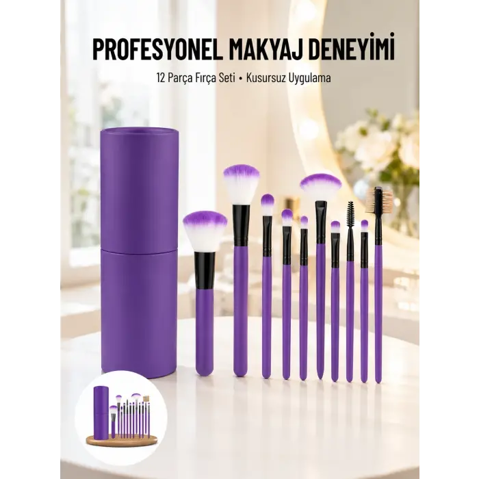 12 Parça Makyaj Fırçası Yumuşak Kıllı Profesyonel Fırça Seti Yüksek Kaliteli Pürüzsüz