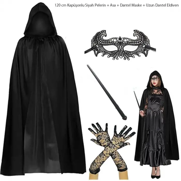 120 Cm Kapüşonlu Siyah Pelerin + Asa + Dantel Maske + Uzun Dantel Siyah Eldiven Kostüm Seti Bx40