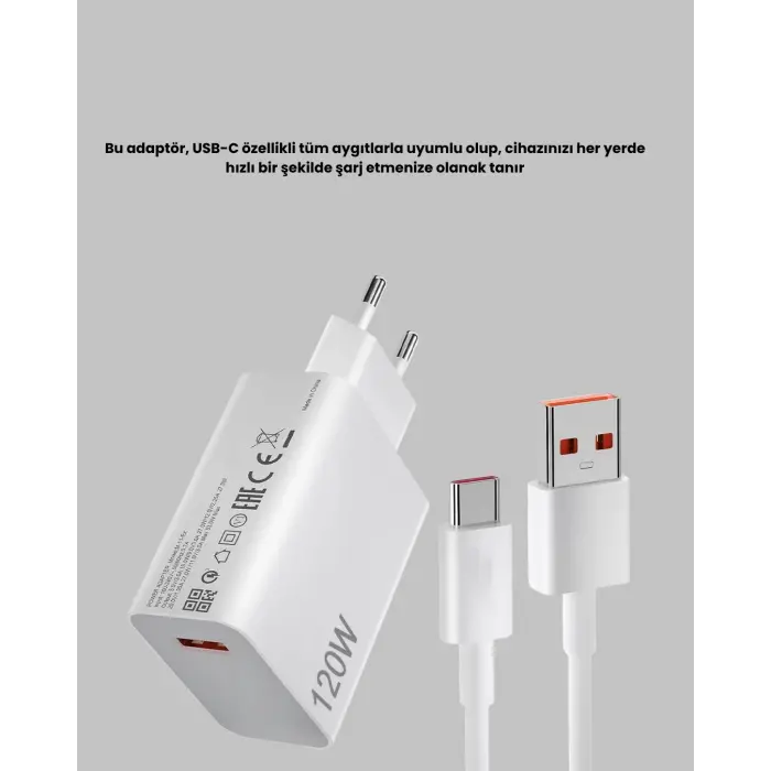 120W Hızlı Şarj Başlığı Ultra Güçlü Type-C Adaptör Kablo Dahil