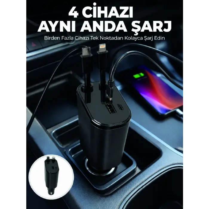 120W Hızlı Şarj Destekli 4ü 1 Arada Araç Şarj Cihazı Type-C, Lightning, USB ve USB-C Çıkışlı