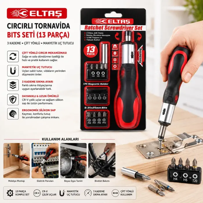 13pcs Silikon Sap - Cr-v Cırcırlı Tornavida Bits Seti 3 Kademe - Çift Yönlü - Manyetik Uç Tutucu Bx40