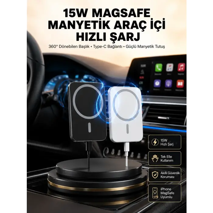 15W Kablosuz Şarj Destekli MagSafe Araç Tutucu Havalandırma Klipsli